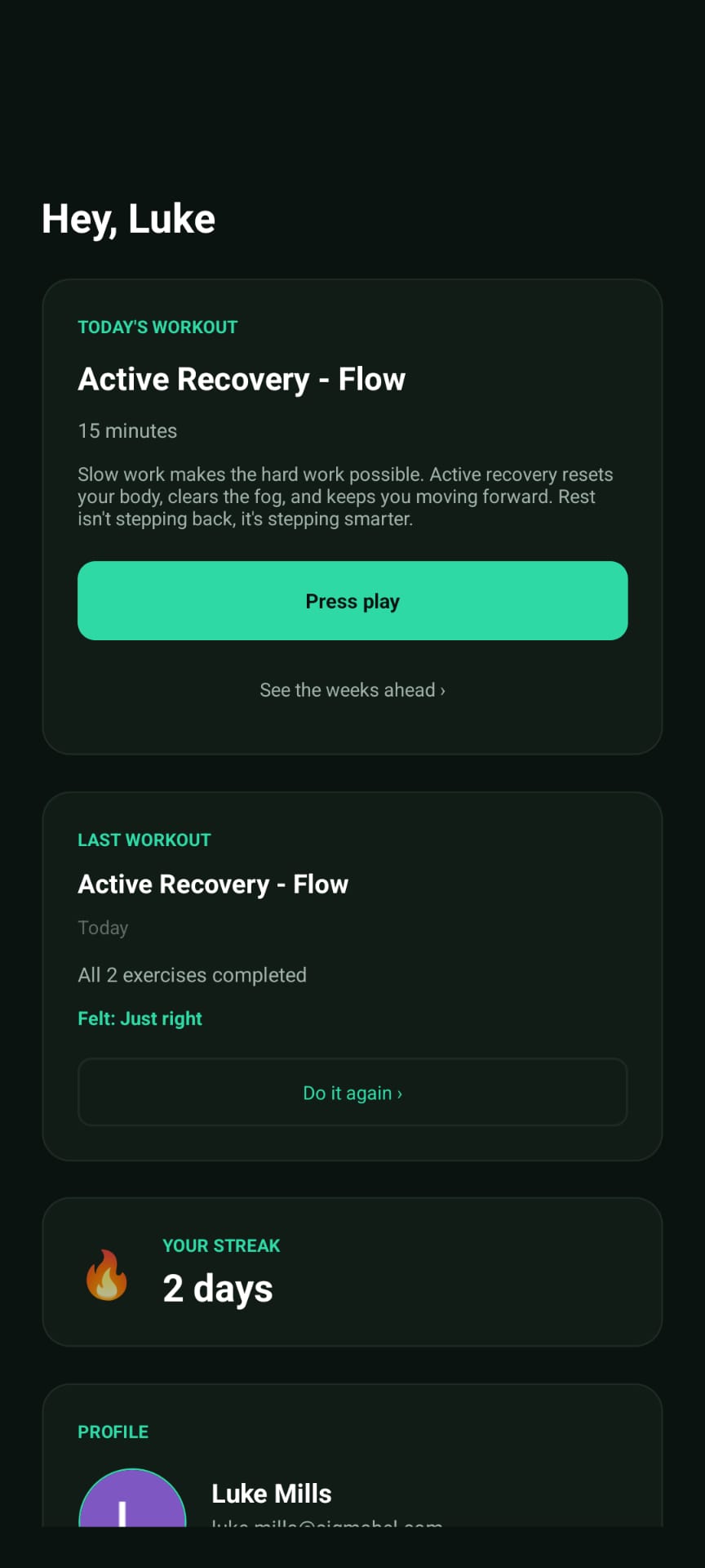 DailyFit15 app — today's workout on the home screen